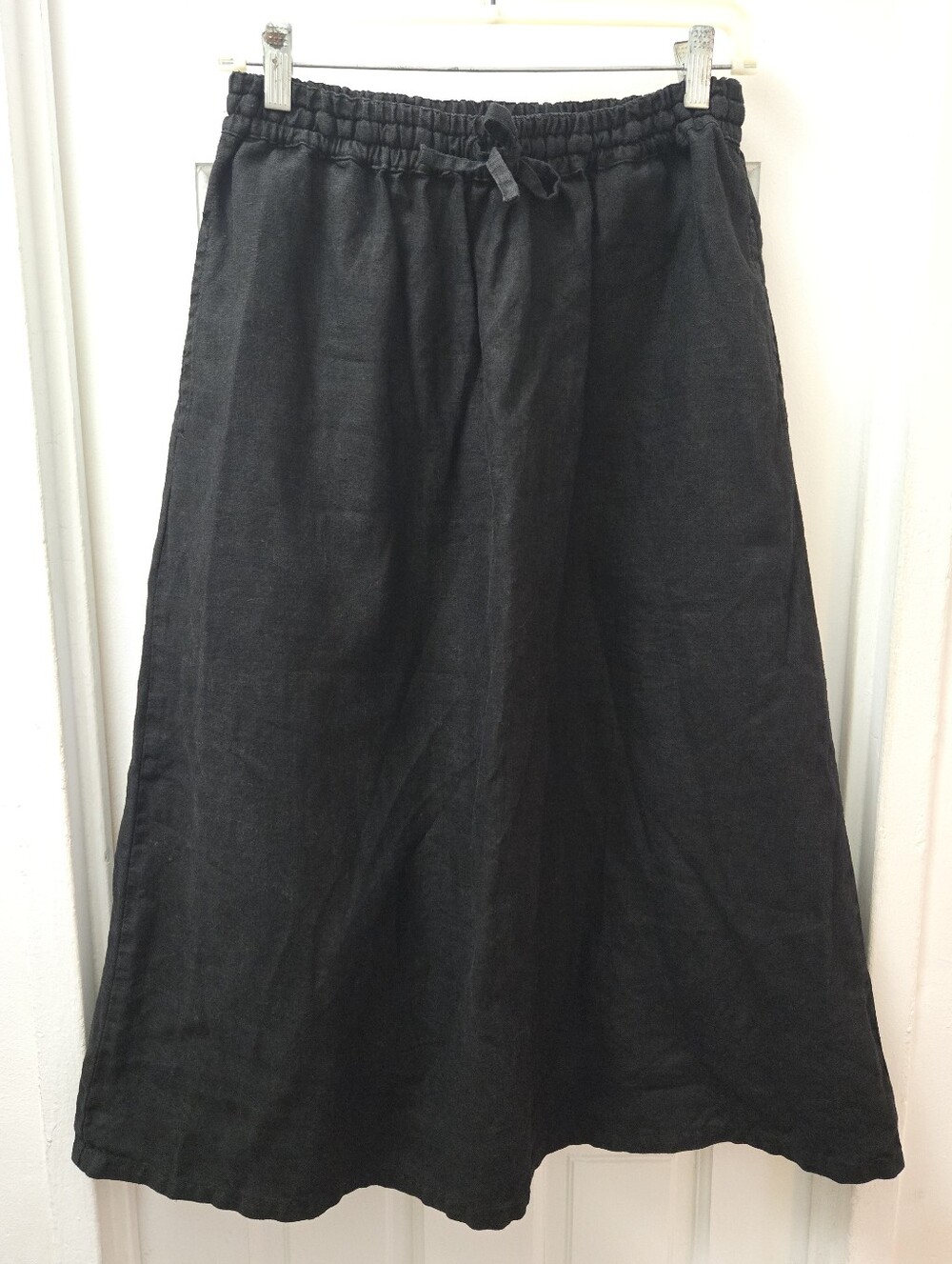 FOG LINEN WORK 100% Linen Black A-Line Midi Skirt Small